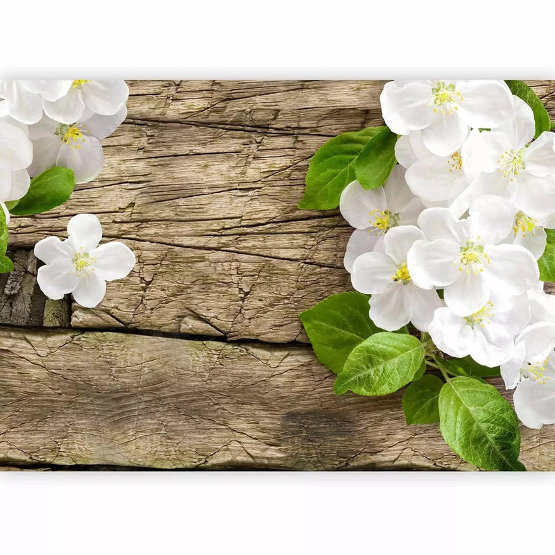 Wall Murals - Raw wood surrounded by white flowers with green leaves G-ART