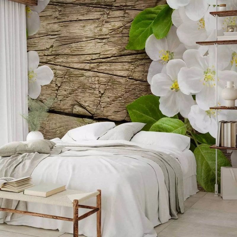 Wall Murals - Raw wood surrounded by white flowers with green leaves G-ART