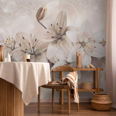 Wall Murals with grey lily and diamonds on ornamental background G-ART