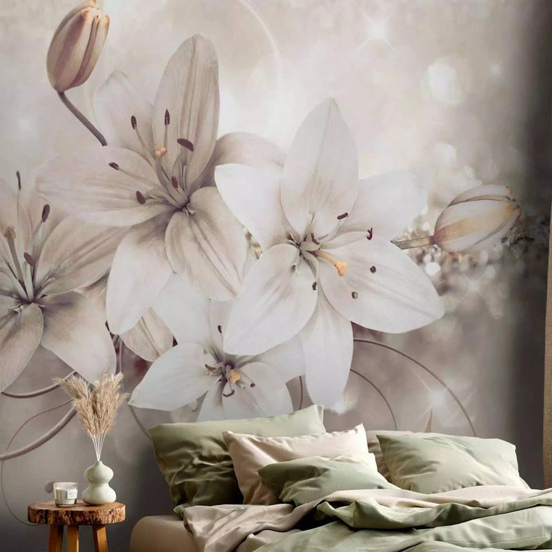 Wall Murals with grey lily and diamonds on ornamental background G-ART