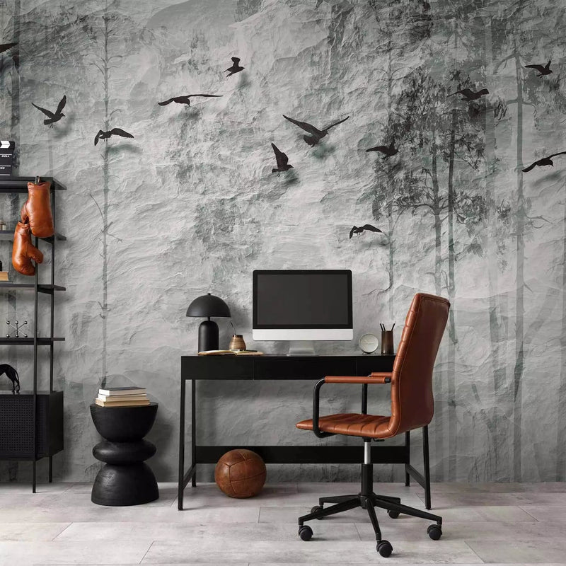 Wall Murals with birds in gray color - Forest of Shadows, 64115G-ART