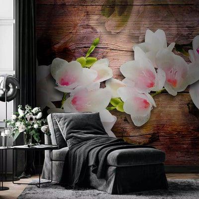 Wall Murals - Design: white freesia on brown wood texture, 62272g-art