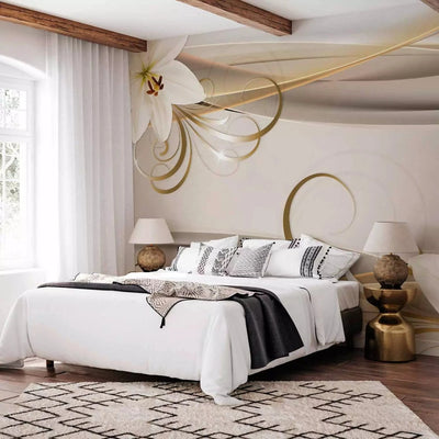 Wall Murals - white lilies with gold spirals on a beige background - price G-ART