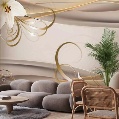 Wall Murals - white lilies with gold spirals on a beige background - price G-ART