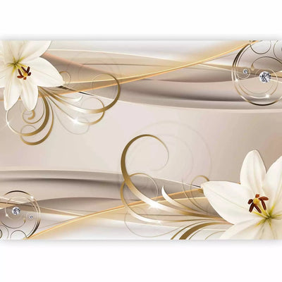 Wall Murals - white lilies with gold spirals on a beige background - price G-ART