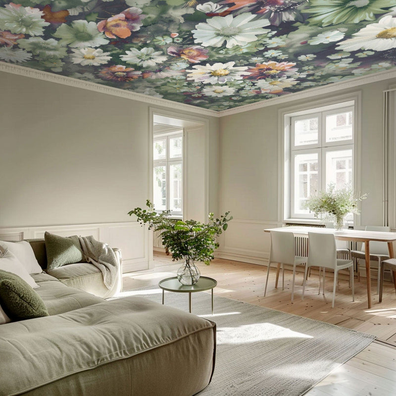 Фотообои потолок - Акварельные цветы и листья в оттенках зеленого, 159929 G-ART