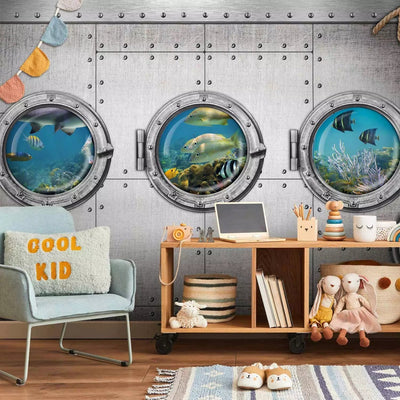 Wall Murals for children's room - Illusion of windows in a silver submarine, 61257G-ART