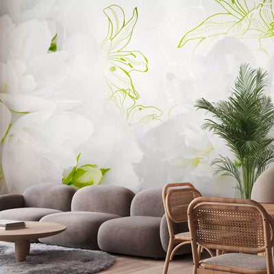 Wall Murals - white jasmine with stylized flowers in green tones, 60670 g-art