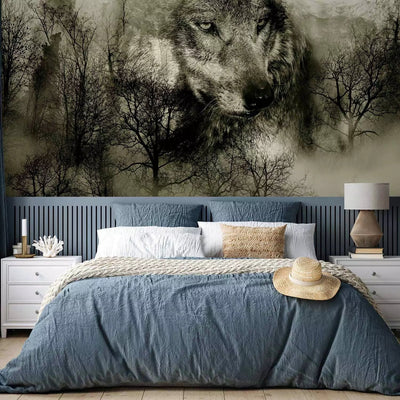 Wall Murals - Wolf among forest trees in mountain grey - 108230 G-ART