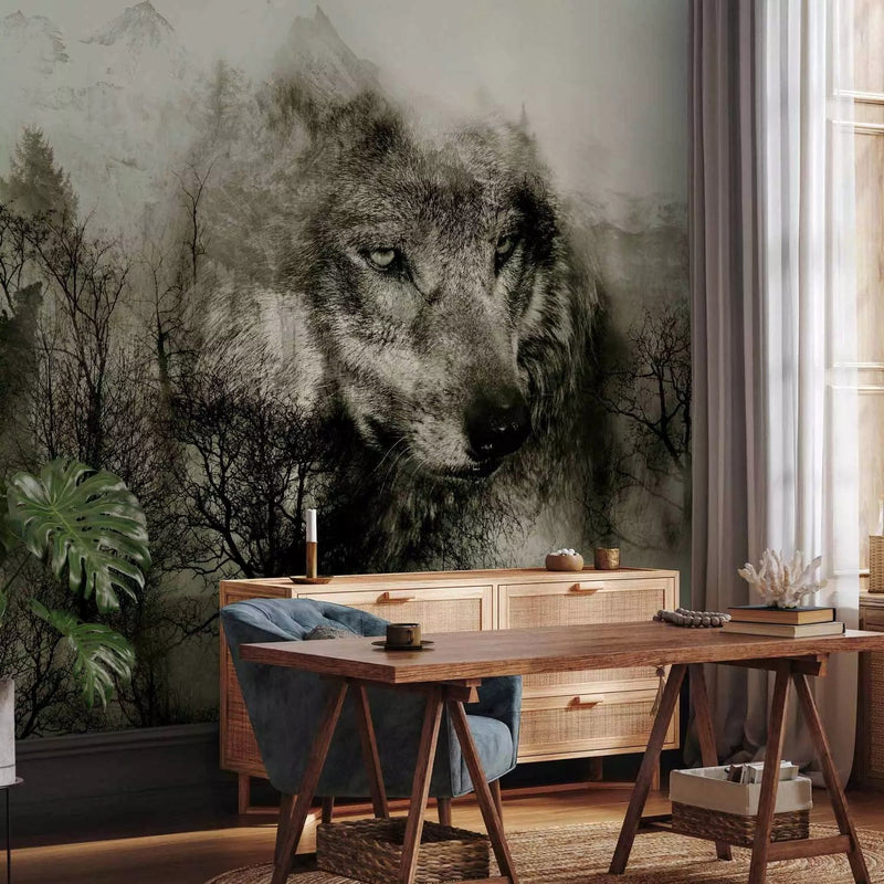 Wall Murals - Wolf among forest trees in mountain grey - 108230 G-ART