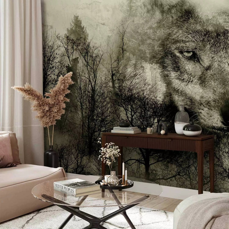 Wall Murals - Wolf among forest trees in mountain grey - 108230 G-ART