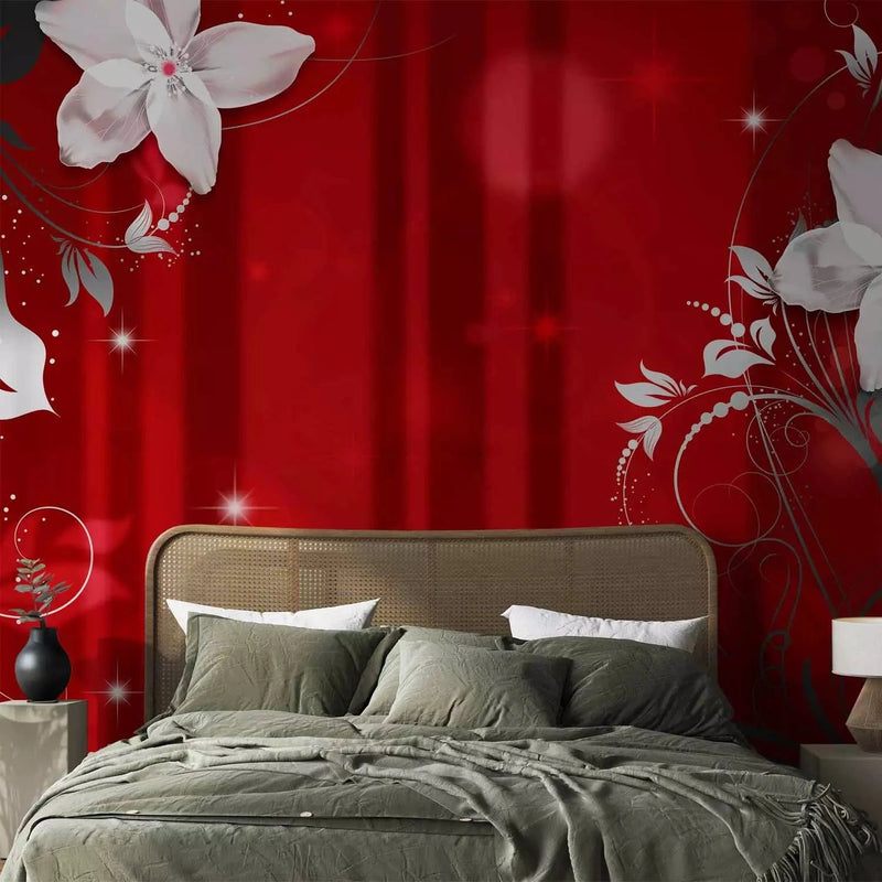 Wall Murals with white lilies on a bright red background, 97333 G-ART