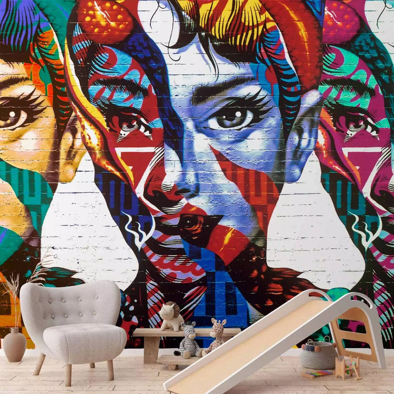 Wall Murals with women - Three colorful faces in Patchwork style G-ART