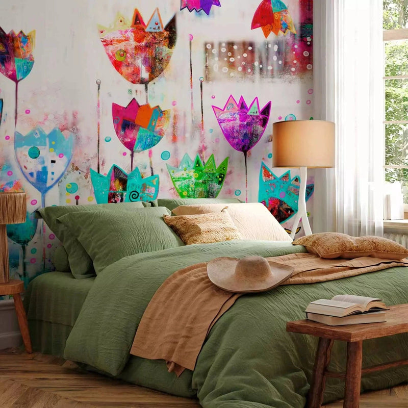 Wall Murals with multi-colored stylized tulips - choose size G-ART