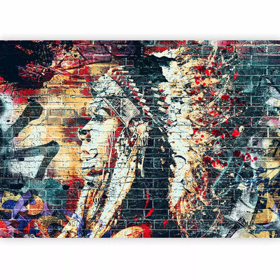 Wall Murals - colorful graffiti with a woman's profile on a brick background G-ART