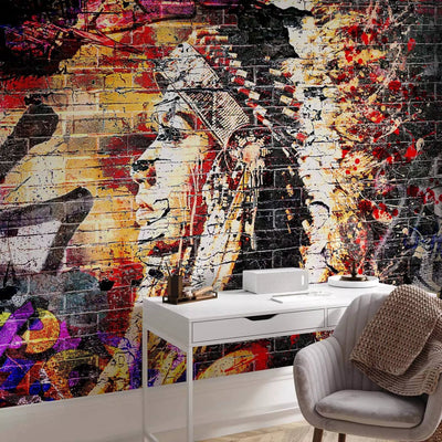 Wall Murals - graffiti with a woman's profile on a brick background, 92082 G-ART