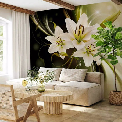  Wall Murals lilies and play of light in green on a black background G-ART