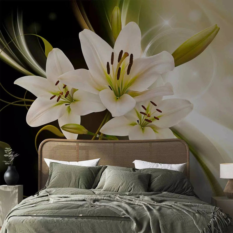  Wall Murals lilies and play of light in green on a black background G-ART