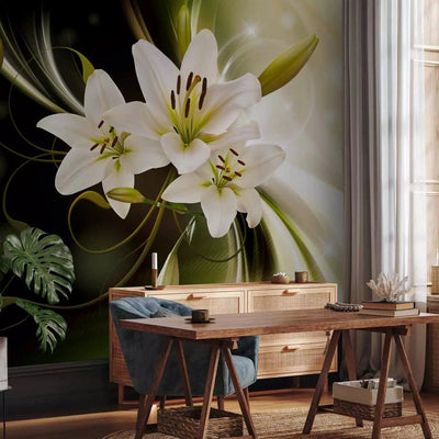  Wall Murals lilies and play of light in green on a black background G-ART