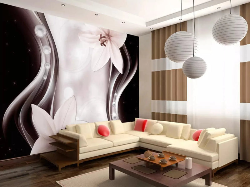 Wall Murals with two white lilies and abstract elements G-ART