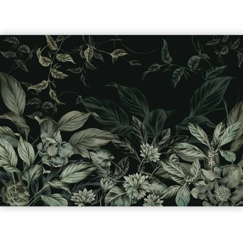 Fototapetes - Lapas un ziedi tumši zaļos toņos, 151523 G-ART
