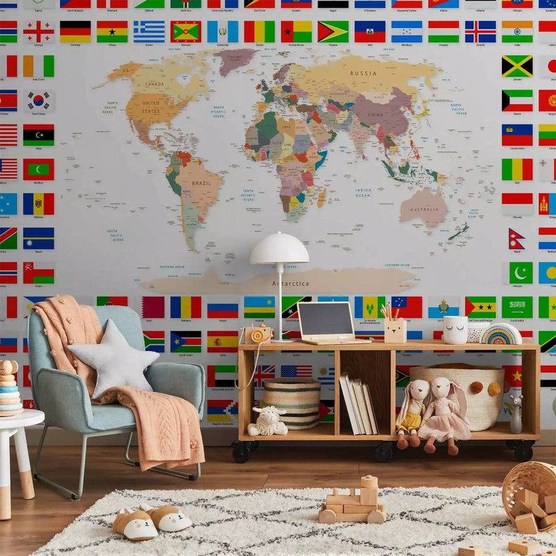 Wall Murals with world map and national flags - 90439 G-ART