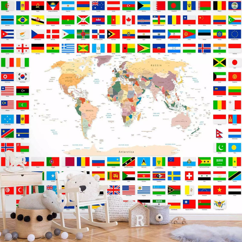 Wall Murals with world map and national flags - 90439 G-ART