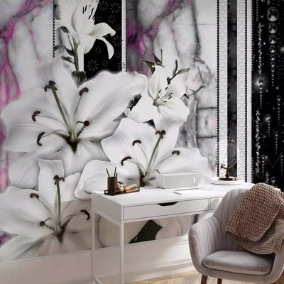 Wall Murals with white lily on black background and purple marble, 60725G-ART