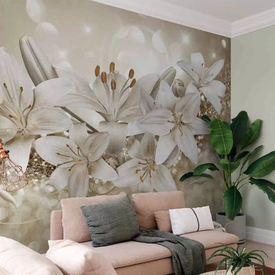 Wall Murals with a beautiful floral arrangement with lilies in beige tones. G-ART