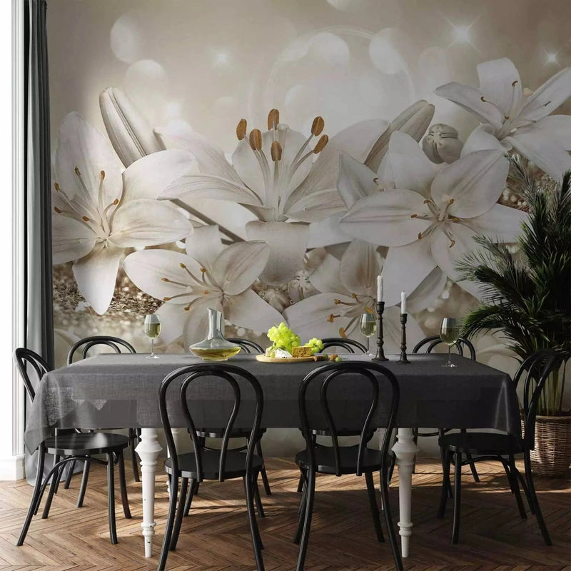 Wall Murals with a beautiful floral arrangement with lilies in beige tones. G-ART