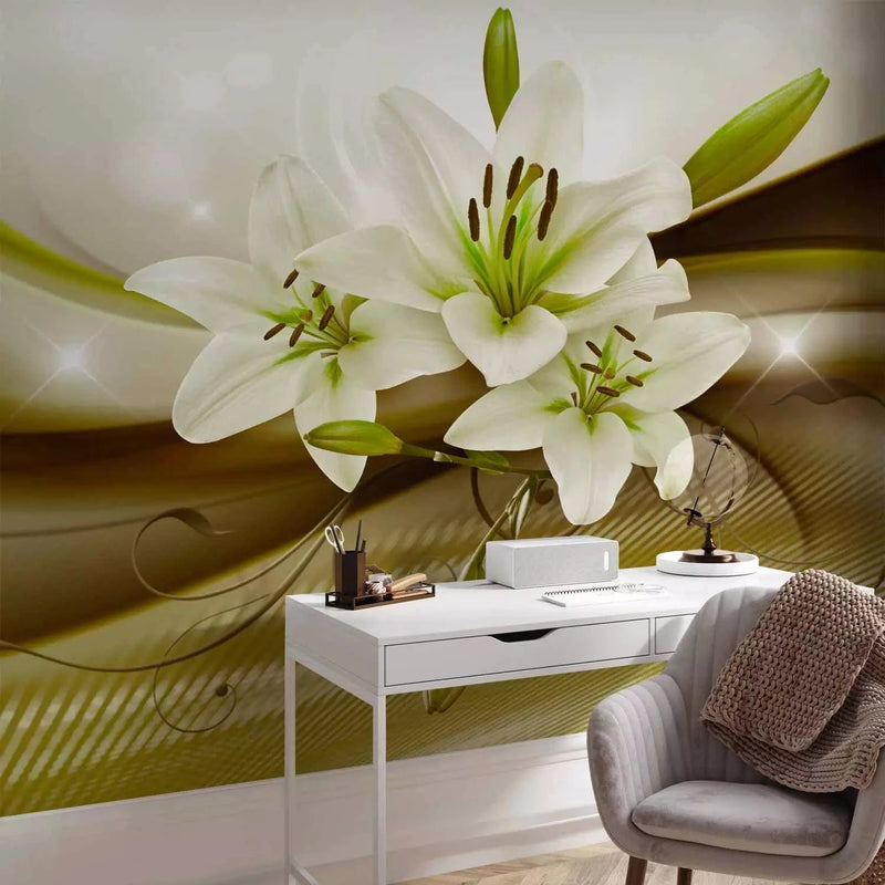 Wall Murals - Lilies on green wavy background, 90450 - ecological G-ART