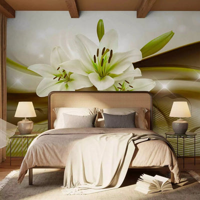 Wall Murals - Lilies on green wavy background, 90450 - ecological G-ART