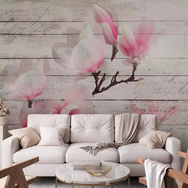 Wall Murals - Pink magnolia flowers on the wood surface, 62468g-art