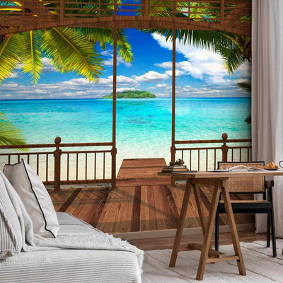 3D Wall Murals - landscape with paradise beach, palm leaves, 93933G-ART