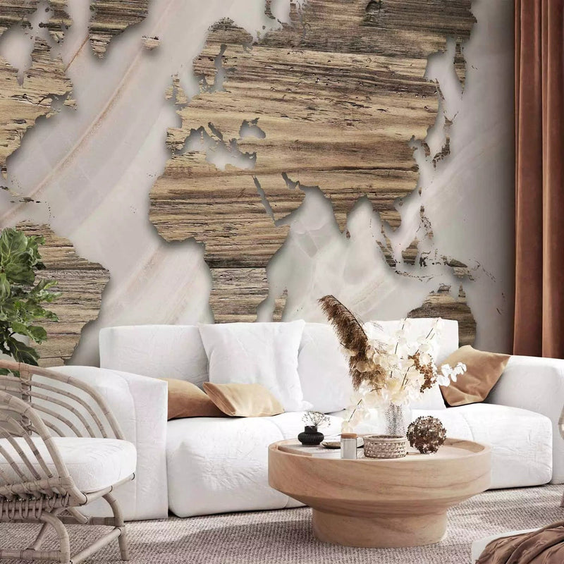 Wall Murals - Marble map - contours of continents with wood texture G-ART