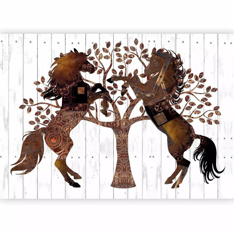 Wall Murals - Tree with animals on a white wooden background, 64373G-ART