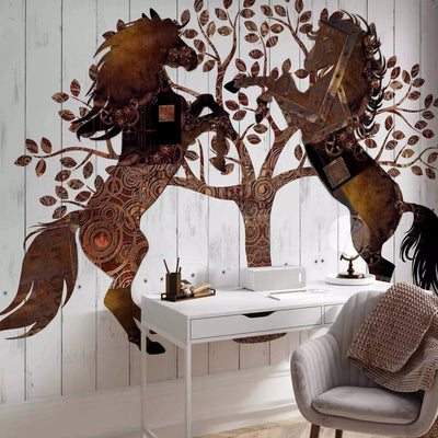 Wall Murals - Tree with animals on a white wooden background, 64373G-ART