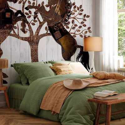 Wall Murals - Tree with animals on a white wooden background, 64373G-ART