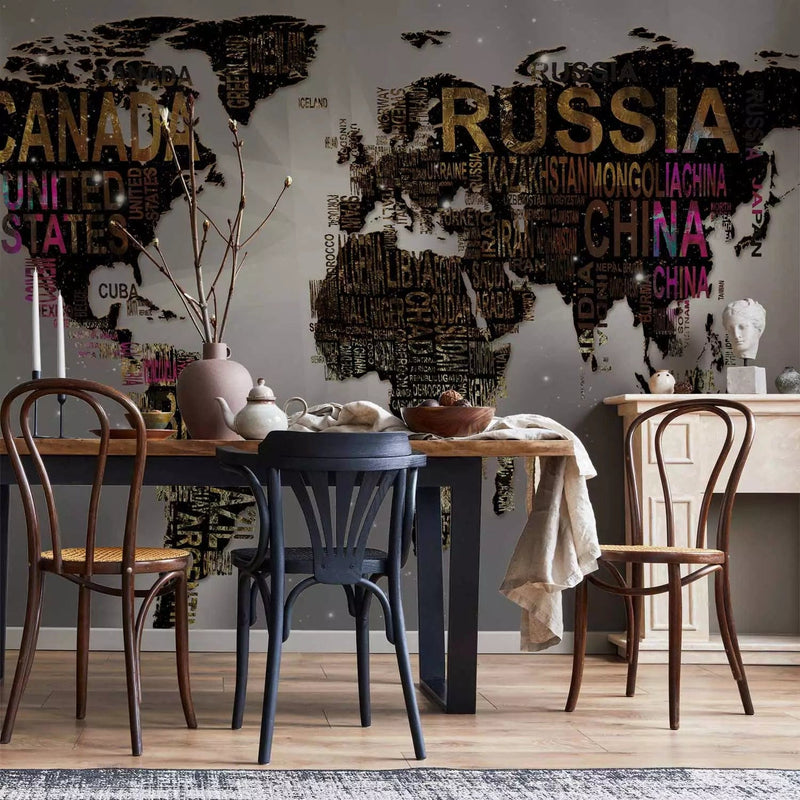 Wall Murals - Modern world map with inscriptions brown gray color G-ART