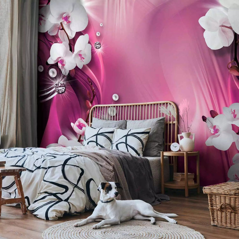 Wall Murals - white orchids and pearls on a pink background with patterns G-ART