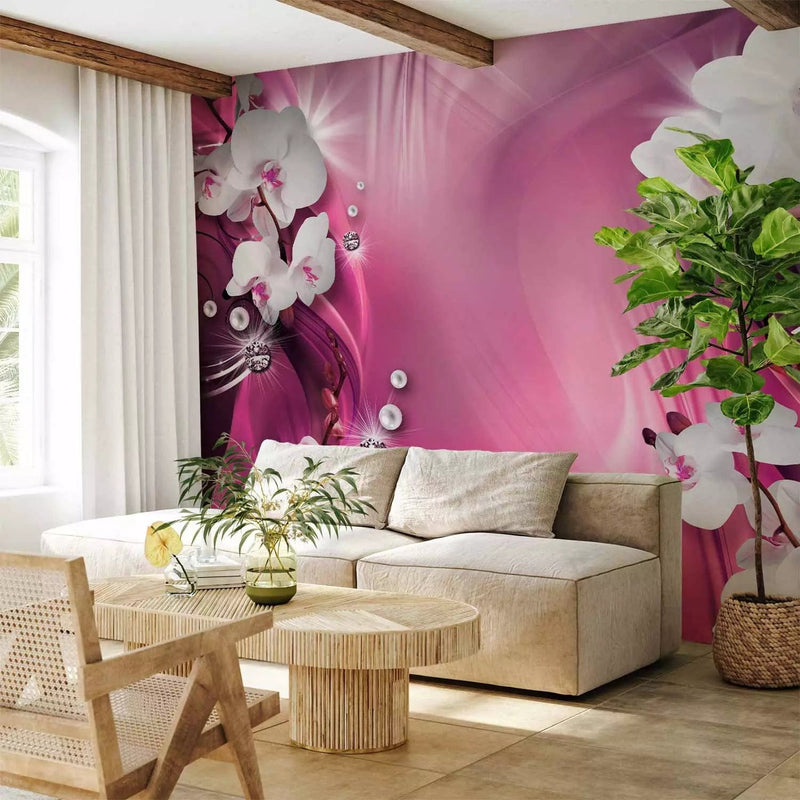 Wall Murals - white orchids and pearls on a pink background with patterns G-ART