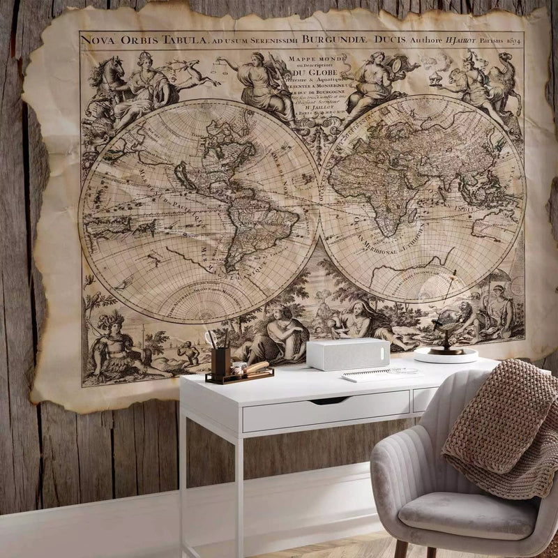 Wall Murals - retro world map with drawings on a wooden background, 67029G-ART