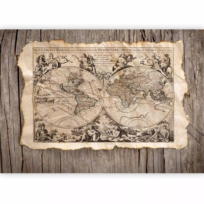 Wall Murals - retro world map with drawings on a wooden background, 67029G-ART