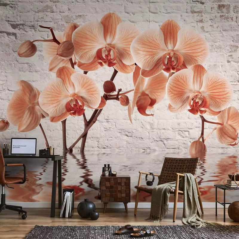 Wall Murals - Orange orchid on gray brick wall background, 62018 G-ART