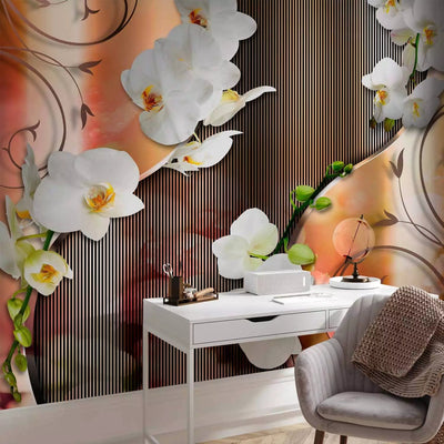 Wall Murals - White orchids with ornaments and striped pattern G-art