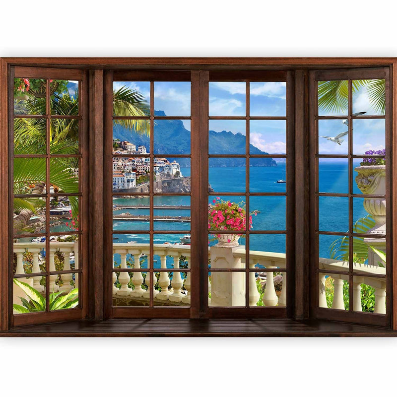 Fototapetes - skats no loga uz jūru un piejūras ciematu, 92630  G-ART