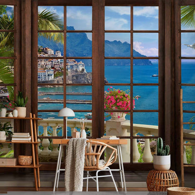 Fototapetes - skats no loga uz jūru un piejūras ciematu, 92630  G-ART