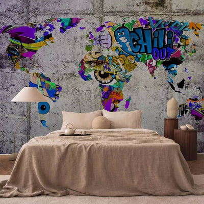 Fototapeet - Graffiti-stiilis maailmakaart hallile betoonitaustale G-ART