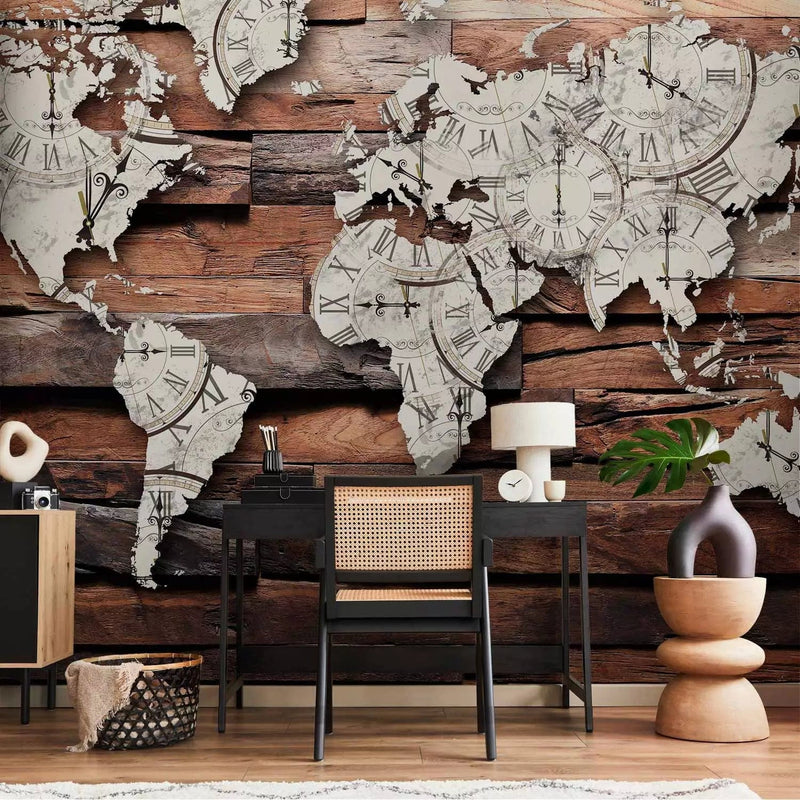 Wall Murals - World map on wood, brown, 63859 - buy at G-ART