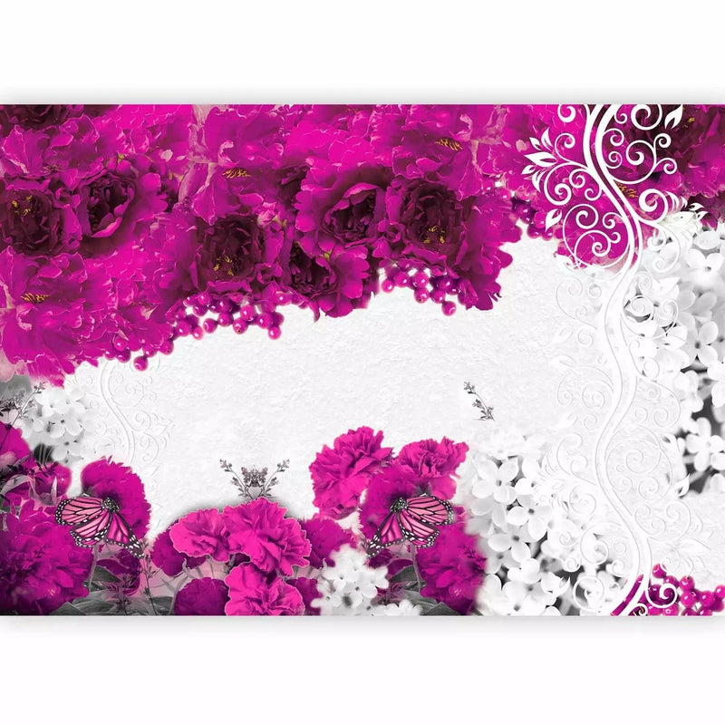 Wall Murals with floral patterns and butterflies in fuchsia color - for interior G-ART